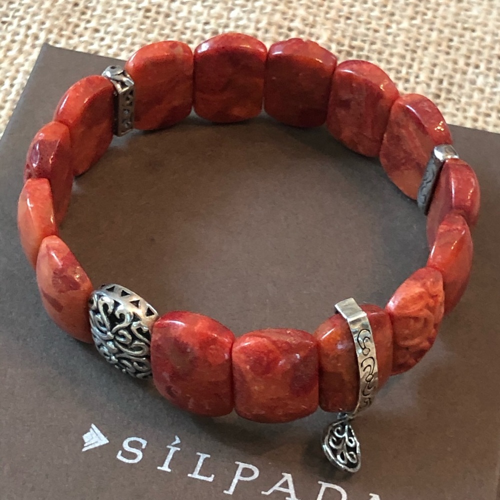 Rare Silpada Red Coral .925 Stretch Bead Bracelet - Picture 2 of 7